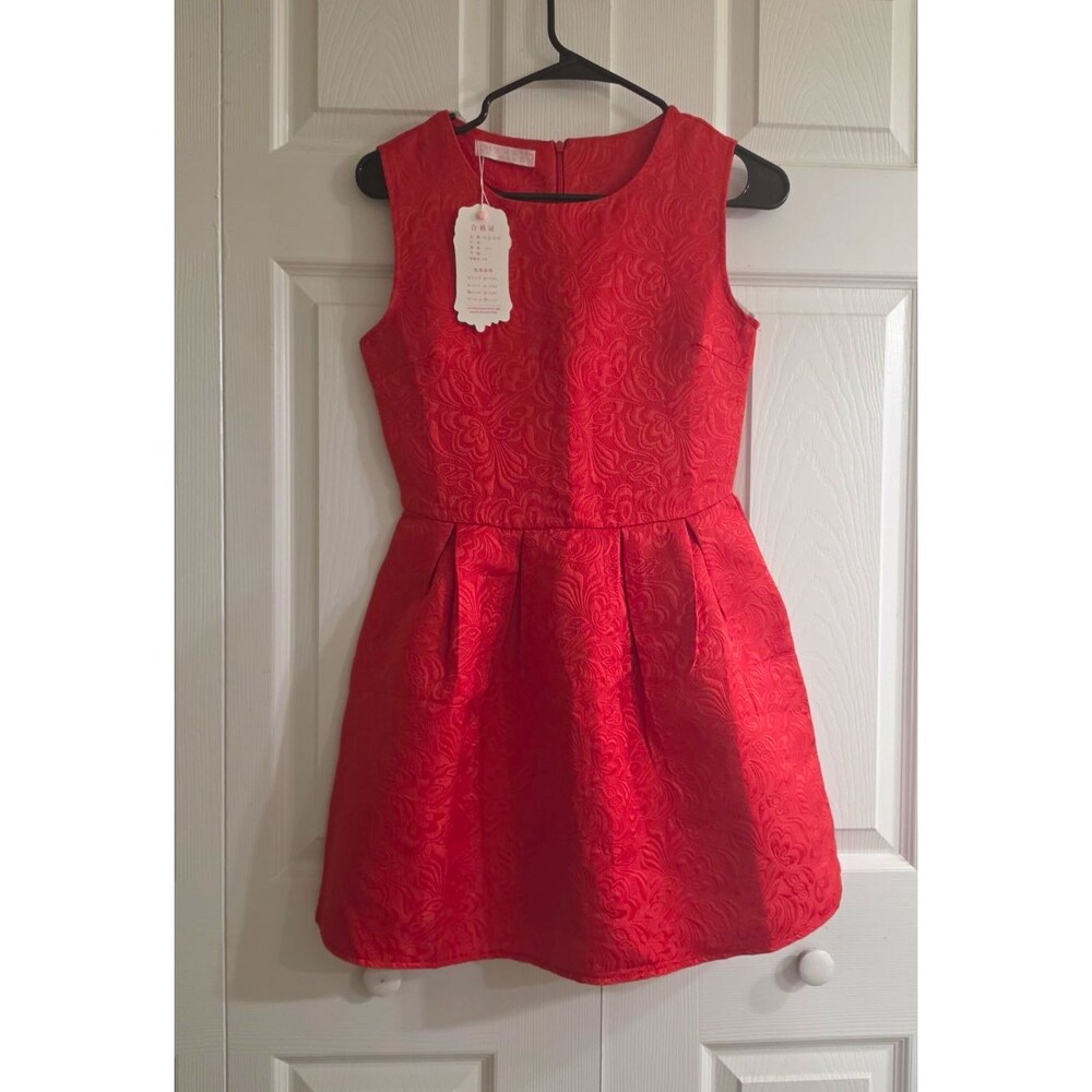 Red Floral Jacquard Pleated A-Line Mini Dress 8 Sleeveless Zip